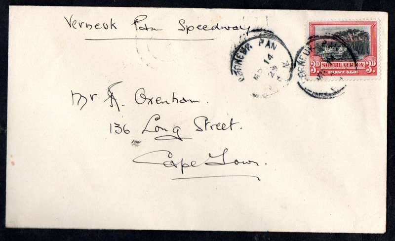 UNION 1929 VERNEUK PAN SPEEDWAY COVER SCARCE SKELETON CDS MARCH 14 29, BACKSTAMPED BRANDVLEI. READ.