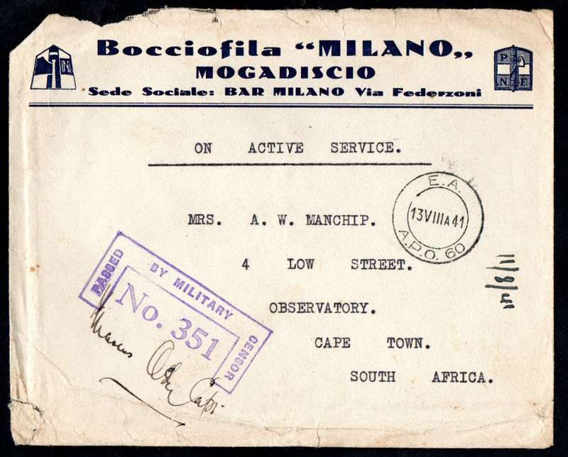 WORLD WAR II EAST AFRICA CAMPAIGN ON ACTIVE SERVICE MILITARY CENSORED COVER TO CAPE TOWN. PER SCANS.