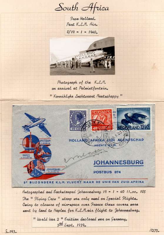 NETHERLANDS 1940 WORLD WAR II SPECIAL FLIGHT COVER TO JHB (VIA NAPLES BY LAND) SIGNED. AS DESCRIBED.