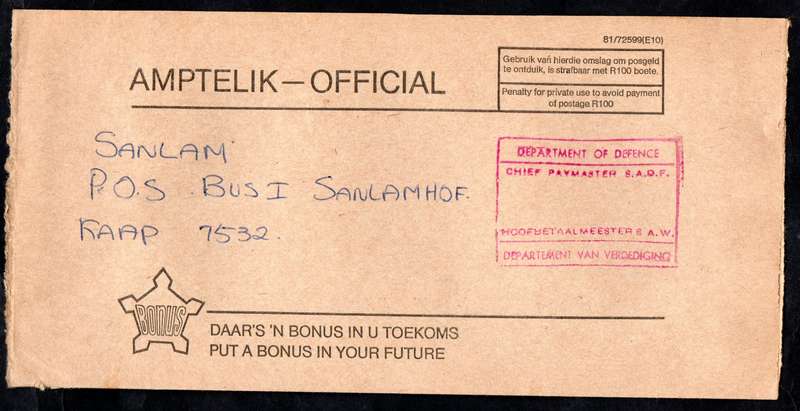 RSA (X5) OFFICIAL COVERS RUBBER STAMPED 'DEPARTMENT OF DEFENCE/CHIEF PAY MASTER SADF' ADDR TO SANLAM