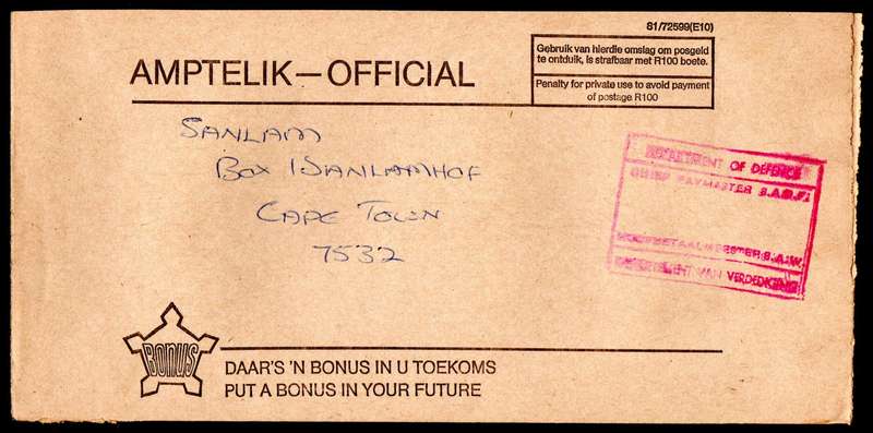RSA (X5) OFFICIAL COVERS RUBBER STAMPED 'DEPARTMENT OF DEFENCE/CHIEF PAY MASTER SADF' ADDR TO SANLAM