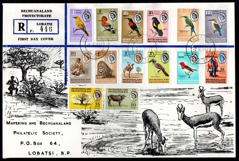BECHUANALAND 1961 NEW DEF ISSUE SET OF (X14) ON ILLUSTRATED FDC. GOOD CONDITION. CV R1700.
