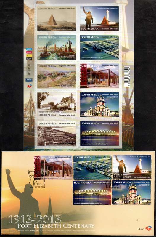 RSA 2013 PORT ELIZABETH CENTENARY MINT SELF-ADH SHEET OF (X10) SACC2239. CV R1400 + FDC NO 8.52.