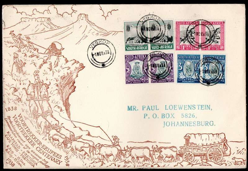 UNION 1938 VOORTREKKER TREK COVER. AS PER SCANS. 1d WITH SLIGHT RED DR BLADE FLAW. VEGKOP CANCELLED.