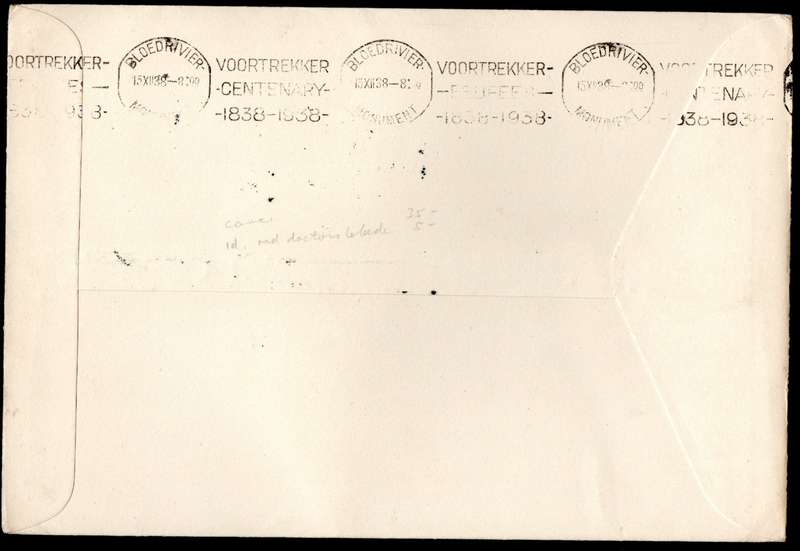 UNION 1938 VOORTREKKER TREK COVER. AS PER SCANS. 1d WITH SLIGHT RED DR BLADE FLAW. VEGKOP CANCELLED.