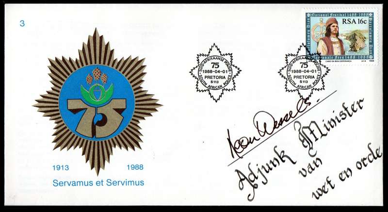RSA 1988 75TH ANNIV OF SA POLICE COVER SIGNED BY 'LEON WESSELS -  DEPUTY MINISTER OF LAW AND ORDER'