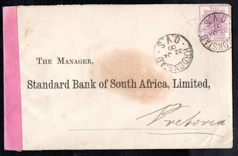 OFS 1900 BOER WAR CENSORED COVER 'GEOPEND ONDER KRIJGSWET' ADDR TO STANDARD BANK MANAGER PRETORIA.