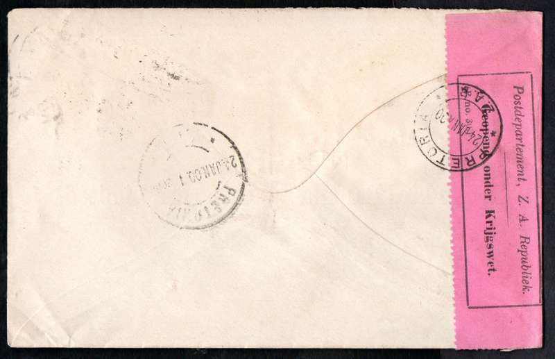 OFS 1900 BOER WAR CENSORED COVER 'GEOPEND ONDER KRIJGSWET' ADDR TO STANDARD BANK MANAGER PRETORIA.