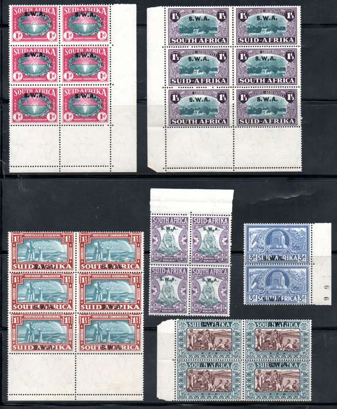SWA CLEARANCE LOT OF MINT BLOCKS (ARROWS ETC), PAIRS ETC. WAR EFFORT, VOORTREKKERS ETC. BIG TOTAL CV