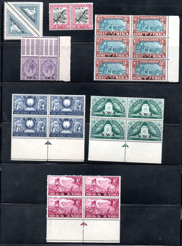 SWA CLEARANCE LOT OF MINT BLOCKS (ARROWS ETC), PAIRS ETC. WAR EFFORT, VOORTREKKERS ETC. BIG TOTAL CV