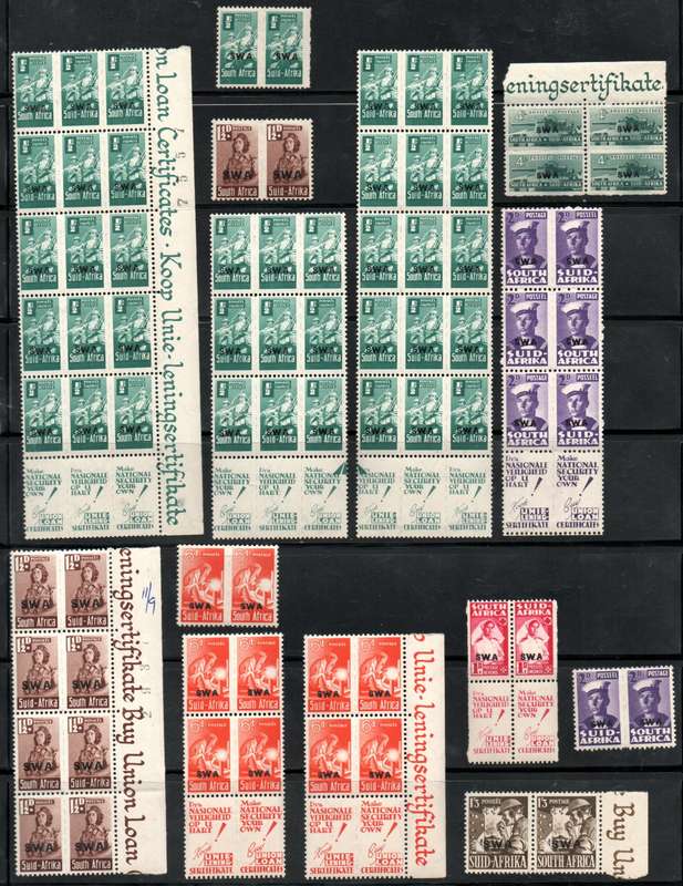 SWA CLEARANCE LOT OF MINT BLOCKS (ARROWS ETC), PAIRS ETC. WAR EFFORT, VOORTREKKERS ETC. BIG TOTAL CV