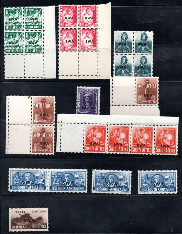 SWA CLEARANCE LOT OF MINT BLOCKS (ARROWS ETC), PAIRS ETC. WAR EFFORT, VOORTREKKERS ETC. BIG TOTAL CV