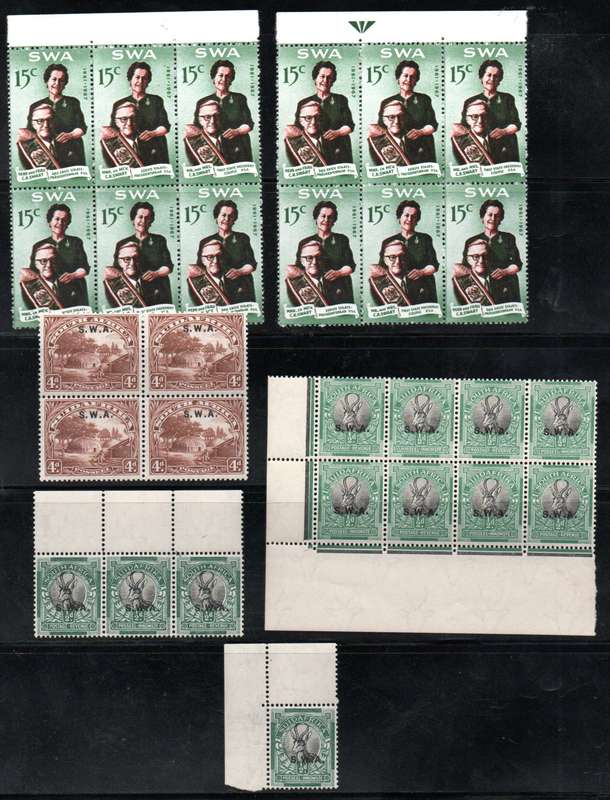 SWA CLEARANCE LOT OF MINT BLOCKS (ARROWS ETC), PAIRS ETC. WAR EFFORT, VOORTREKKERS ETC. BIG TOTAL CV