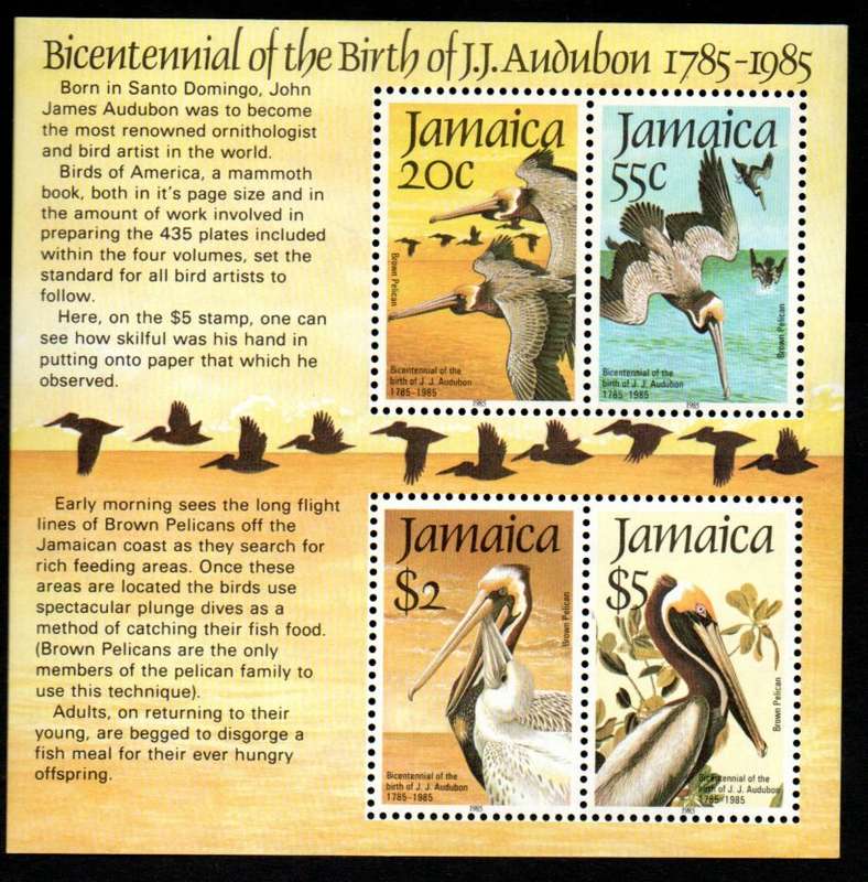 JAMAICA 1985 BIRTH CENT OF JOHN J AUDUBON BROWN PELICAN (BIRDS) UMM MSHEET. SGMS624. NICE THEMATIC.
