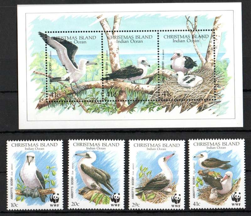 CHRISTMAS ISLAND 1990 ABBOTT'S BOOBY (BIRDS/WWF) UMM SET OF (X4) + MSHEET. SG303/MS307. CV GBP 9.5+