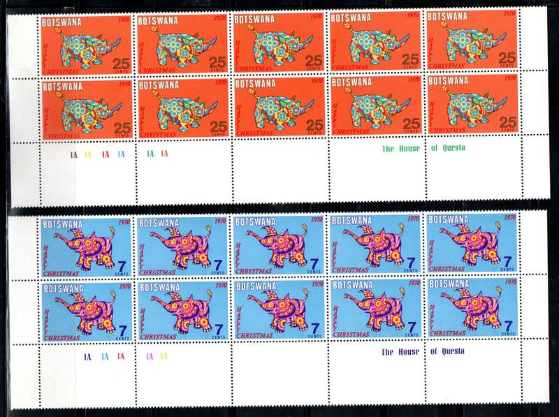 BOTSWANA 1970 CHRISTMAS SET OF (X4) DOUBLE BOTTOM ROW BLKS OF (X10) UMM. SG271/4. CV GBP 10+.