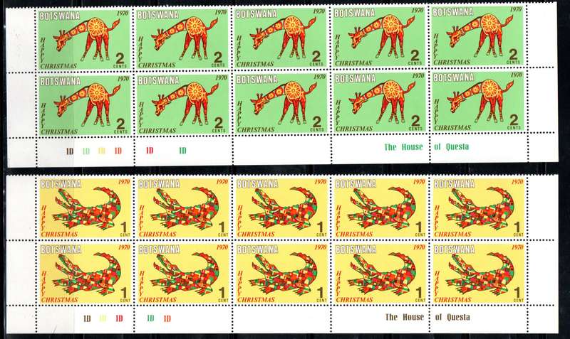 BOTSWANA 1970 CHRISTMAS SET OF (X4) DOUBLE BOTTOM ROW BLKS OF (X10) UMM. SG271/4. CV GBP 10+.
