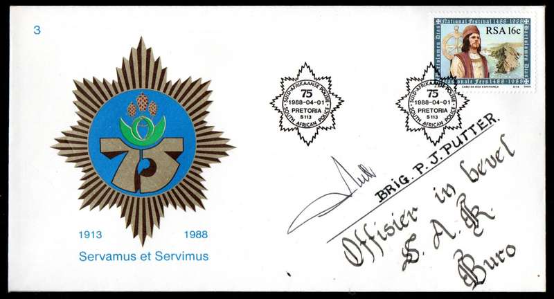 RSA 1988 75TH ANNI OF SA POLICE COMM COVER SIGNED BY 'OFFICER IN COMMAND OF S.A.K BURO".