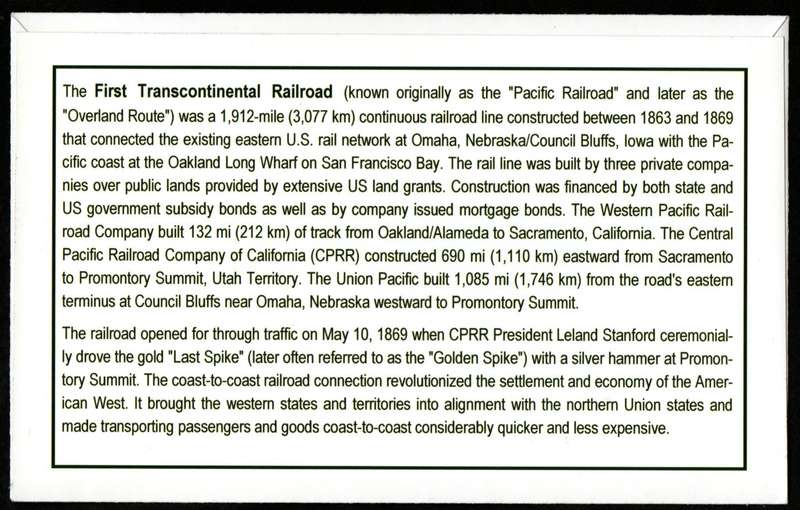 RSA 2019 150TH ANNI OF THE FIRST TRANSCONTINENTAL RAILROAD PRIVATELY MADE COVER. AS PER SCANS.