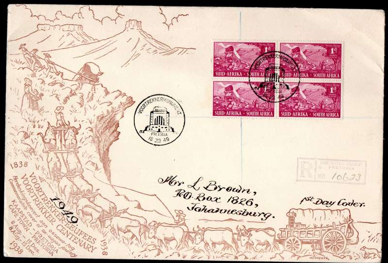 UNION 1949 INAUG OF THE VOORTREKKER MONUMENT COVER WITH BLKS OF (X4) USED. AS PER SCANS.