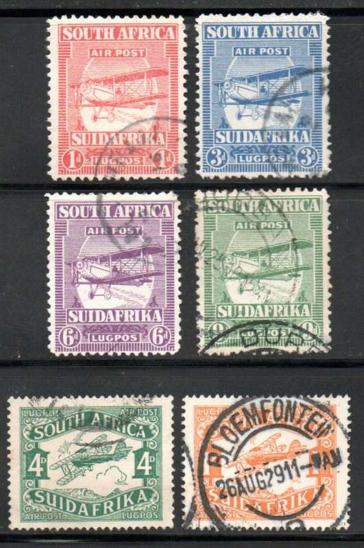 UNION 1925 1ST AIRMAIL ISSUE SET OF (X4) CC25-8 + 1929 2ND AIRMAIL ISSUE USED CC40/1. TOTAL CV R1345