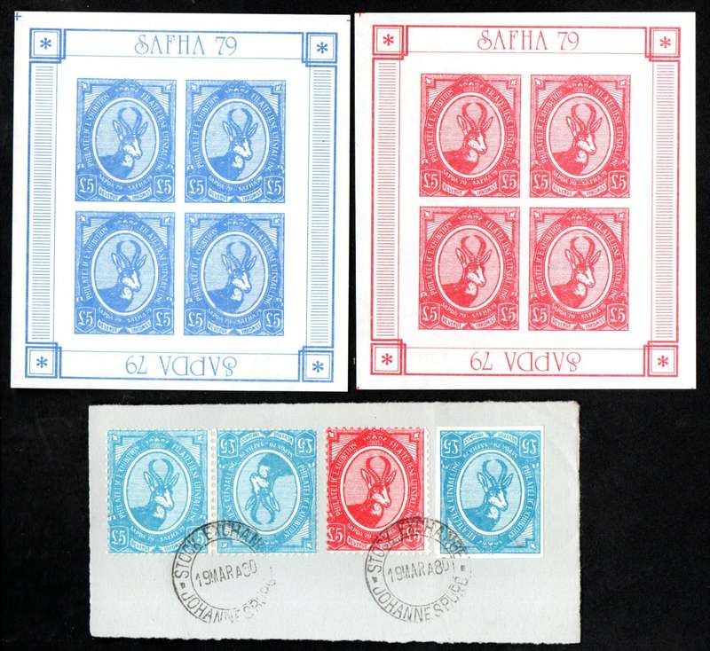 RSA 1979 SAPDA 79 PHIL EXHIBIT(X2) LABEL SHEETLETS WITH GUM + ON PIECE CANCELLED JHB STOCK EXCHANGE.