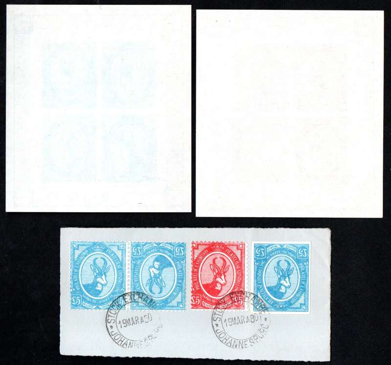 RSA 1979 SAPDA 79 PHIL EXHIBIT(X2) LABEL SHEETLETS WITH GUM + ON PIECE CANCELLED JHB STOCK EXCHANGE.