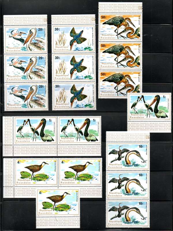 RWANDA 1975 AQUATIC BIRDS UMM STRIPS, SINGLES ETC ie (X3) SETS OF (X8). TOTAL CV GBP 28+. SG660/67.