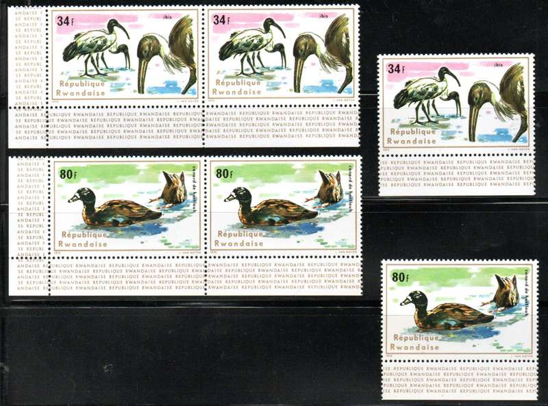 RWANDA 1975 AQUATIC BIRDS UMM STRIPS, SINGLES ETC ie (X3) SETS OF (X8). TOTAL CV GBP 28+. SG660/67.
