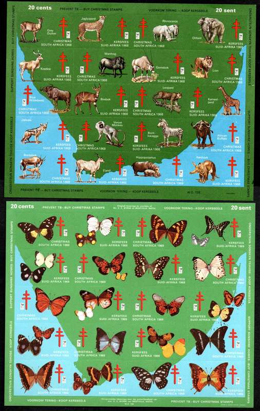 SOUTH AFRICA 1966-69 SELECTION OF (X4) 'PREVENT TB - BUY CHRISTMAS STAMPS' CINDERELLA SHEETS.