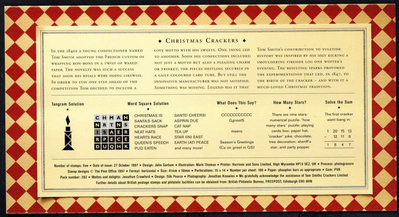 GB 1997 CHRISTMAS. 150TH ANN OF THE CHRISTMAS CRACKER PRESENTATION PACK NO 282 WITH MINT STAMPS.