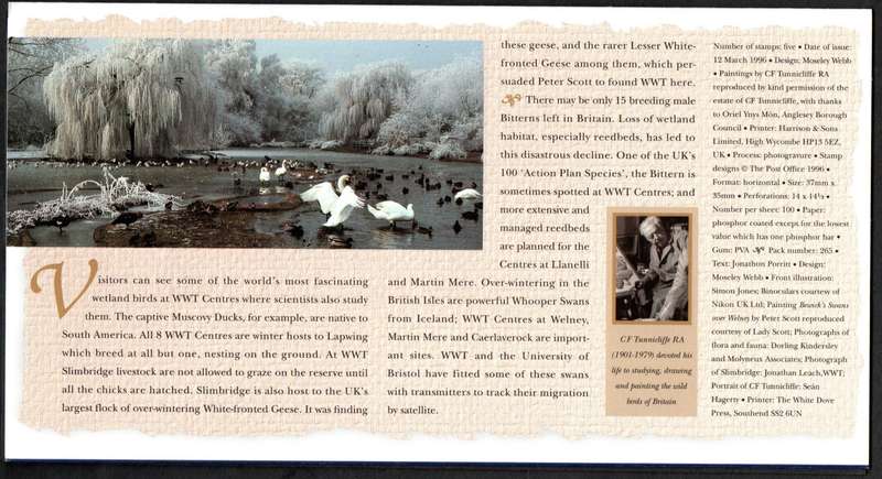 GB 1996 50TH ANNI OF THE WILDFOWL AND WETLANDS TRUST PRESENTATION PACK NO 265 WITH MINT STAMPS.