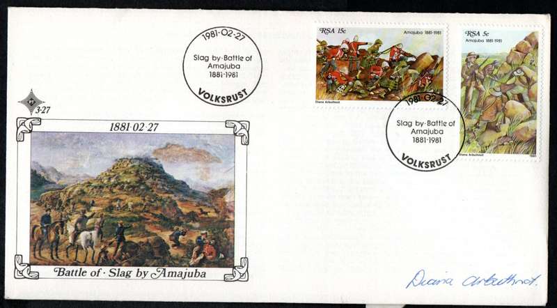 RSA 1981 CENTENARY OF THE BATTLE OF AMAJUBA FDC 3.27 SIGNED BY 'STAMP ARTIST: DIANA ARBUTHNOT'.