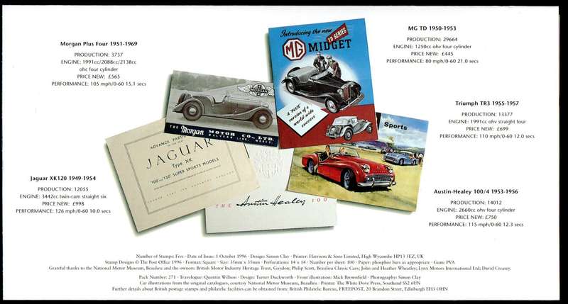 GB 1996 CLASSIC SPORTS CARS PRESENTATION PACK NO 270 WITH MINT STAMPS. NICE ITEM.