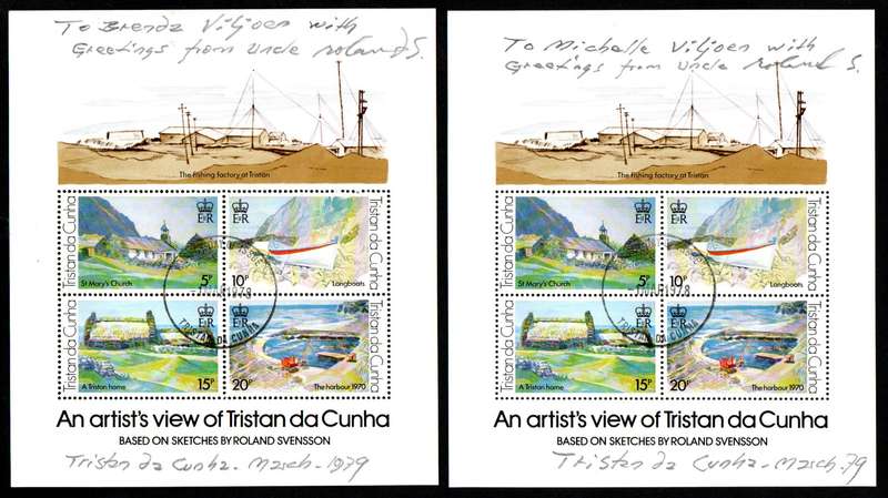 TRISTAN DA CUNHA 1978 AN ARTIST'S VIEW MSHEETS CTO (X3) SIGNED 'ARTIST - ROLAND SVENSSON'.