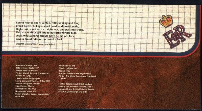 GB 1997 'ALL THE QUEEN'S HORSES' 50TH ANN OF BRITISH HORSE SOCIETY MINT PRESENTATION PACK NO 278.