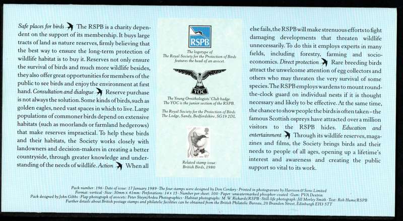 GB 1989 BIRDS PRESENTATION PACK NO 196 WITH MINT STAMPS. AS PER SCANS.