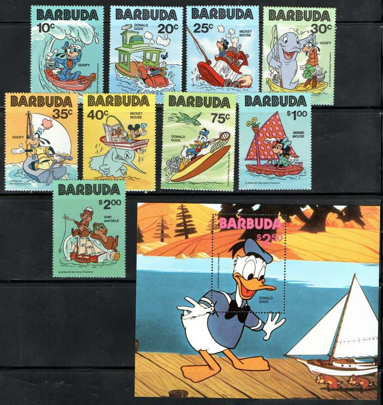 BARBUDA 1981 WALT DISNEY CARTOON CHARACTERS UMM SET OF (X9) SINGLES + MSHEET. SG550/59. CV GBP 18.75
