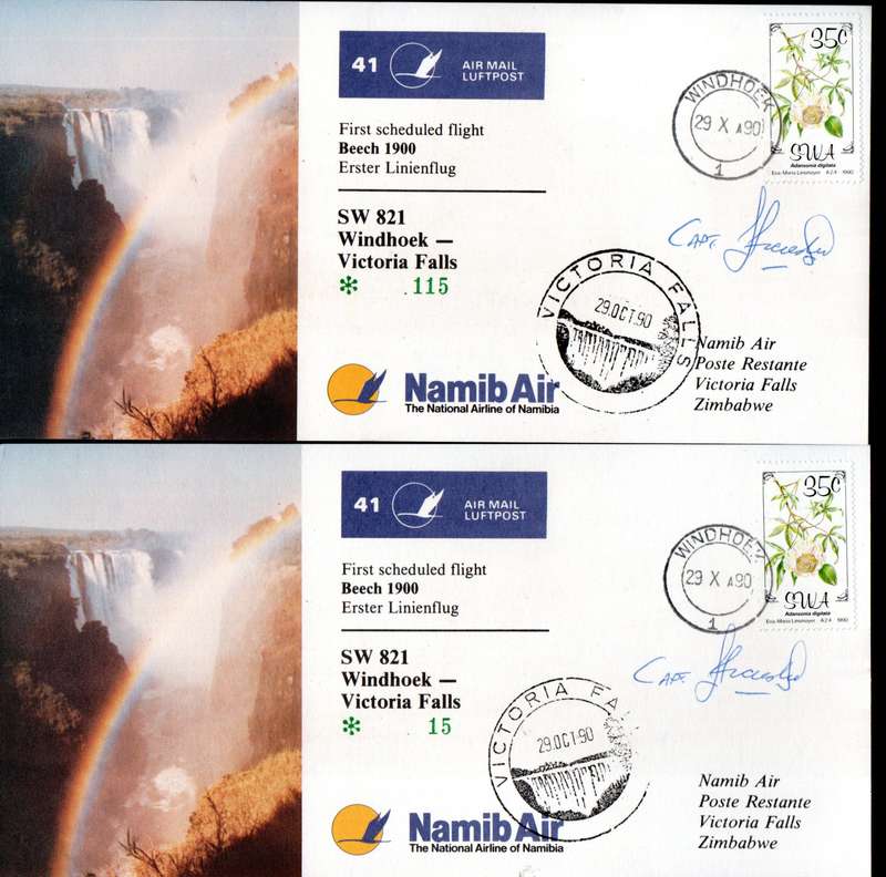 SWA 1990 NAMIB AIR 1ST SCHEDULED FLIGHT WINDHOEK TO VICTORIA FALLS COMMEMORATIVE CARDS (X2) SIGNED.