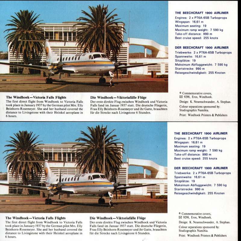 SWA 1990 NAMIB AIR 1ST SCHEDULED FLIGHT WINDHOEK TO VICTORIA FALLS COMMEMORATIVE CARDS (X2) SIGNED.
