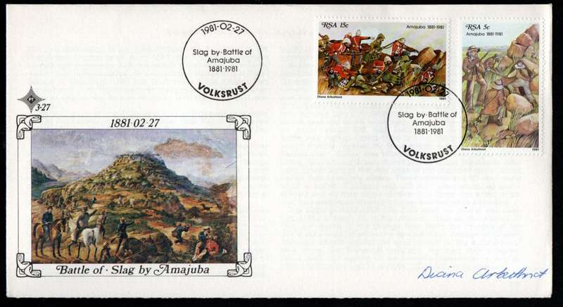 RSA 1981 CENTENARY OF THE BATTLE OF AMAJUBA FDC 3.27 SIGNED BY 'STAMP ARTIST: DIANA ARBUTHNOT'.