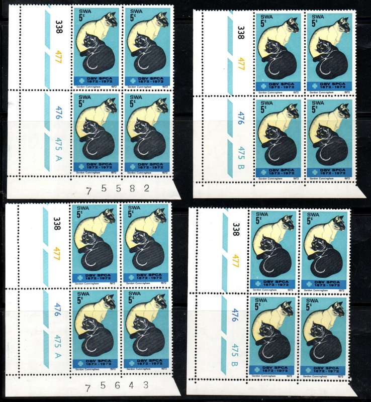 SWA 1972 CENTENARY OF SPCA SET OF (X2) A AND B CONTROL BLKS OF (X4) UMM. CC244. TOTAL CV R800.
