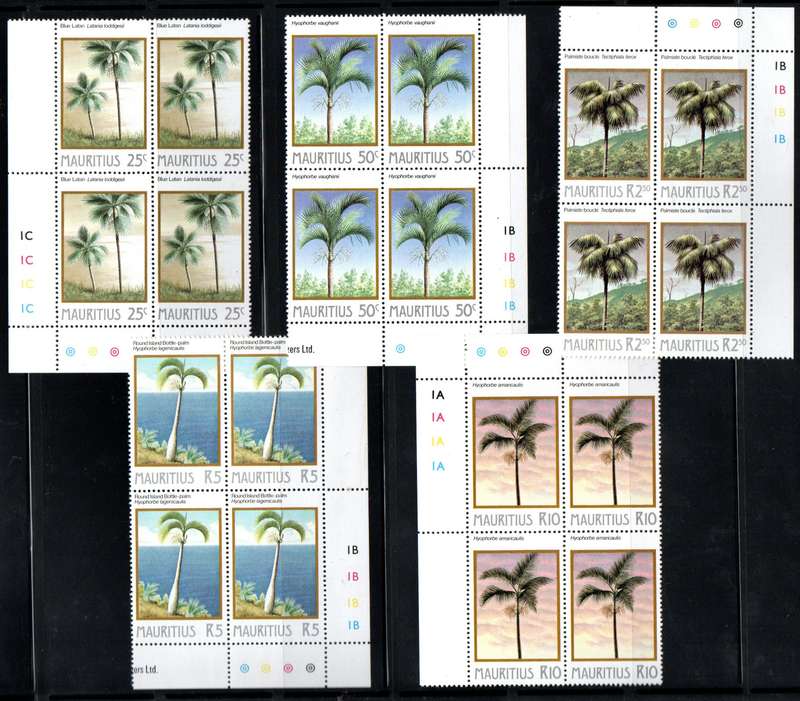 MAURITIUS 1984 PALM TREES SET OF (X5) CONTROL BLKS OF (X4) UMM. SG686/690. CV GBP 30+.