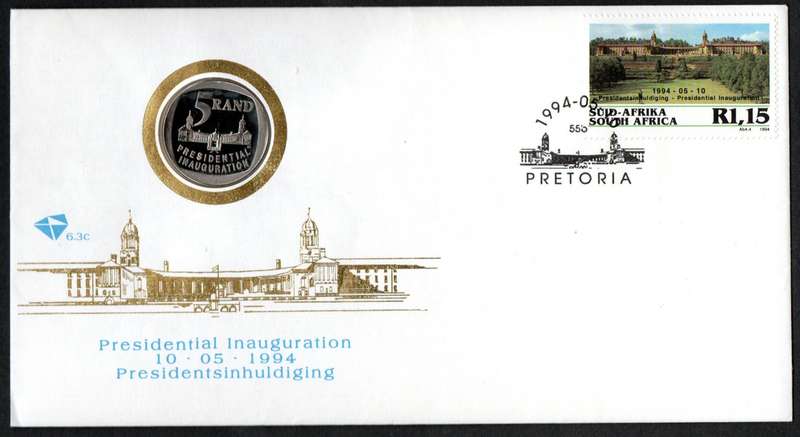 RSA 1994 PRESIDENTIAL ELECTION (MANDELA) COIN FDC 6.3c. AS PER SCANS. NICE ITEM.