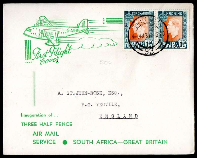 UNION 1937 INAUG OF THREE HALF PENCE AIRMAIL SERVICE SA TO GB FIRST FLIGHT COVER. AS PER SCANS. NICE