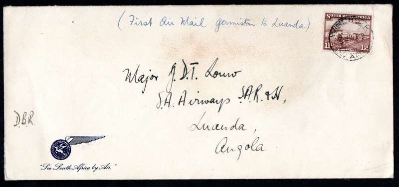 SWA 1939 FIRST AIRMAIL COVER GERMISTON TO LUANDA (ANGOLA). AS PER SCANS.