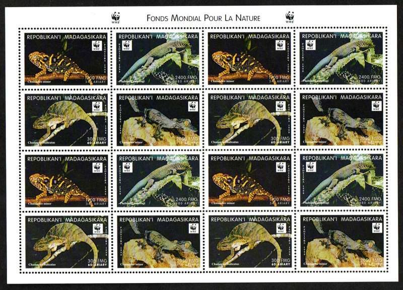 MADAGASCAR 1999 WORLDWIDE NATURE PROTECTION  LIZARDS/CHAMELEONS WWF SETENANT SHEET UMM. NICE.
