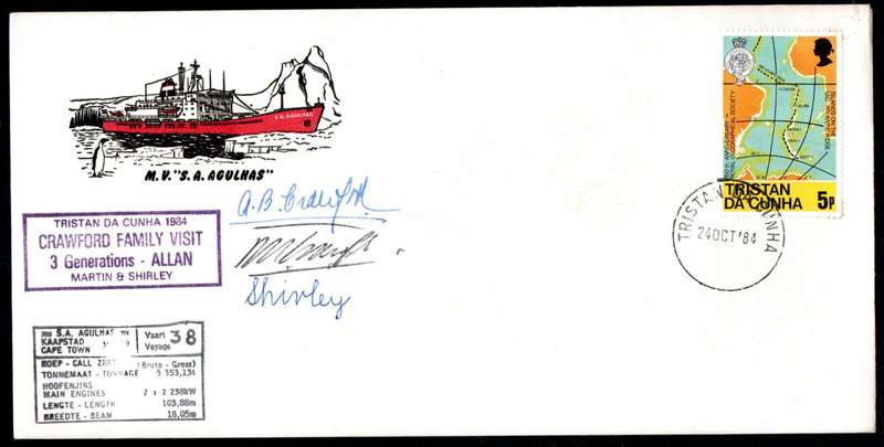 TRISTAN DA CUNHA 1984 CRAWFORD FAMILY VISIT COVER SIGNED 'ALLAN, MARTIN + SHELLEY CRAWFORD'. READ.