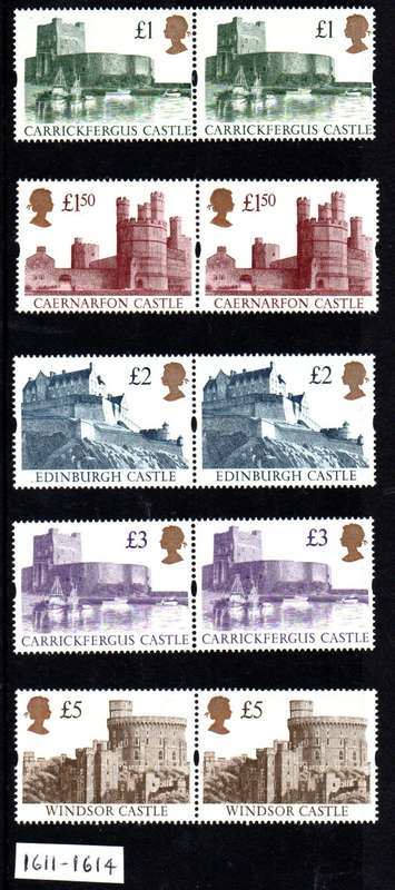 GB 1992-5 QEII CASTLES SET OF (X5) UMM PAIRS. AS PER SCANS. SG1611-14. TOTAL CV GBP 100.