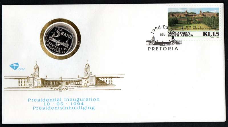 RSA 1994 PRESIDENTIAL ELECTION (MANDELA) COIN FDC 6.3c. AS PER SCANS. NICE ITEM.